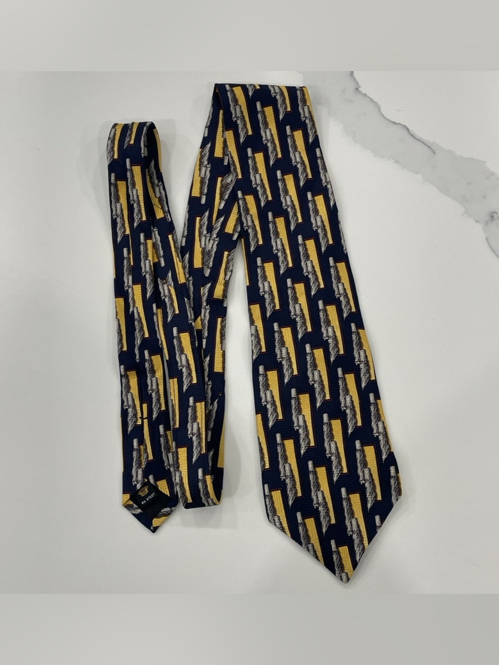 Countess Mara 1938 Silk Tie Navy Gold Geometric Novelty USA